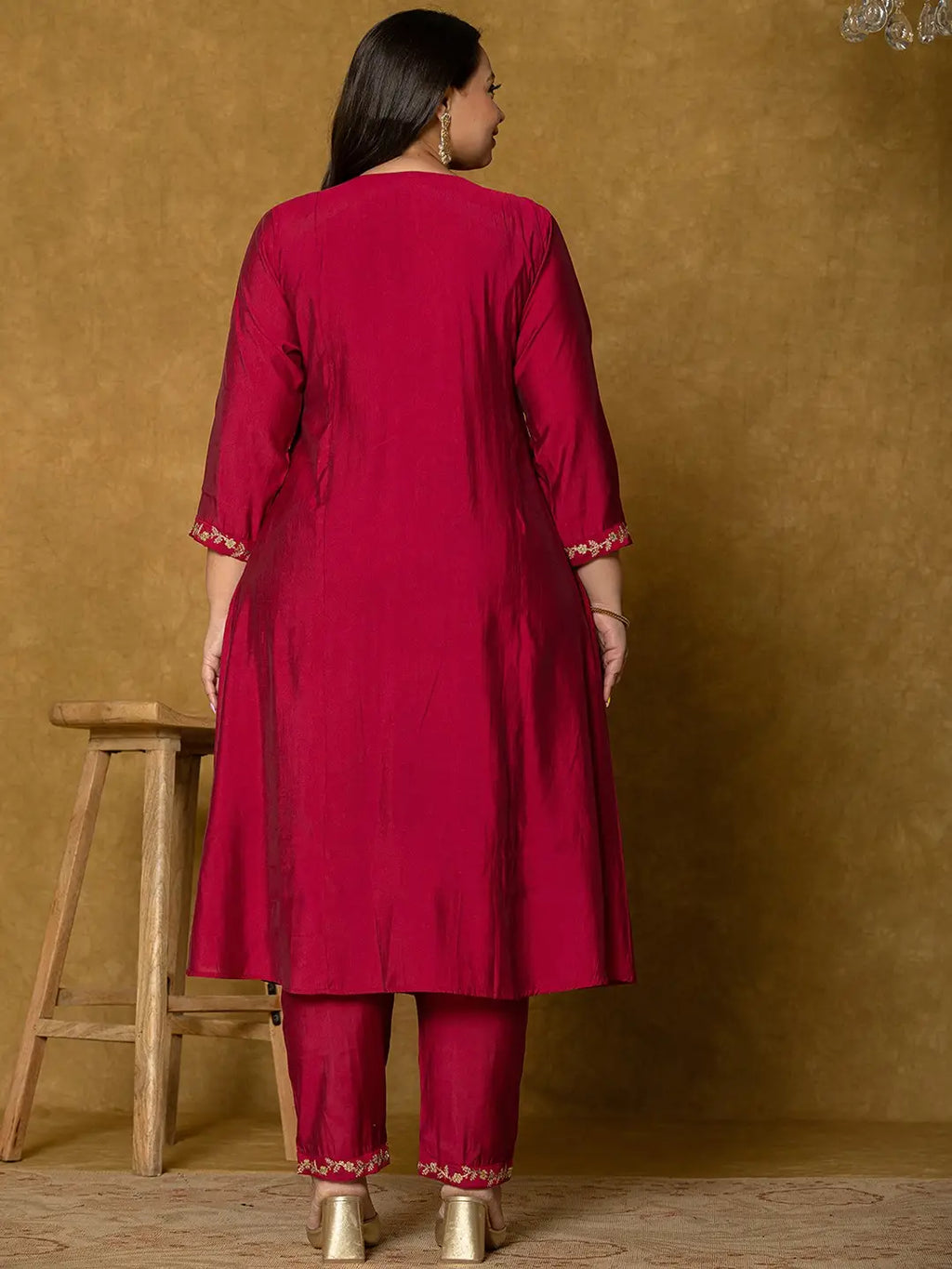 Yufta Hot Pink Silk Embroidered Plus Size Kurta Dupatta Set