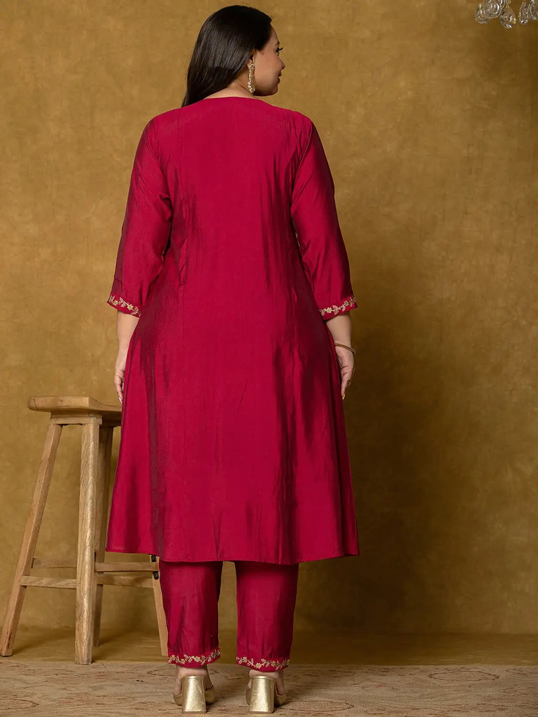 Yufta Hot Pink Silk Embroidered Plus Size Kurta Dupatta Set