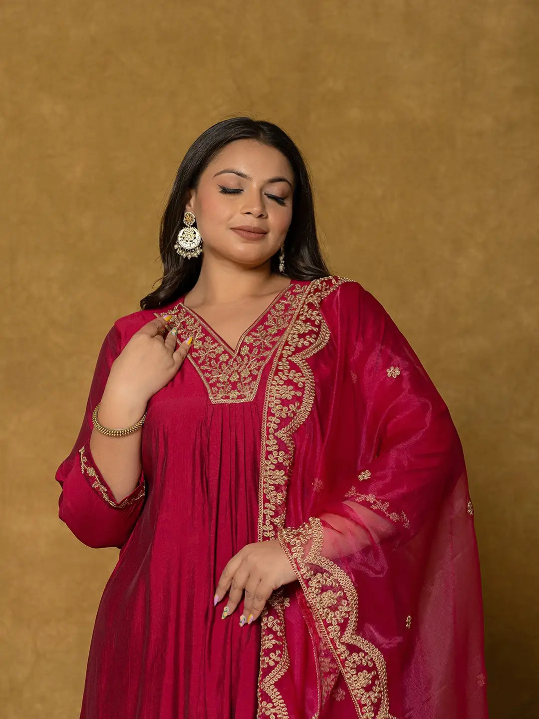 Yufta Hot Pink Silk Embroidered Plus Size Kurta Dupatta Set