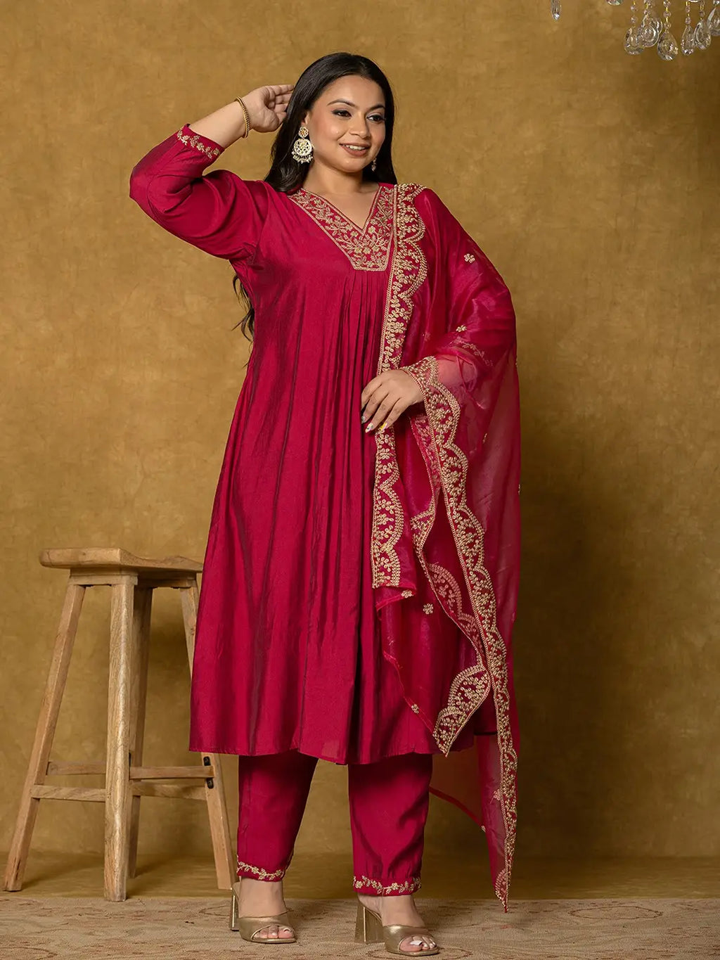 Yufta Hot Pink Silk Embroidered Plus Size Kurta Dupatta Set