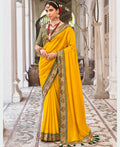 Mustard Vichitra Solid Saree With Unstitched Blouse Piece - Juhi