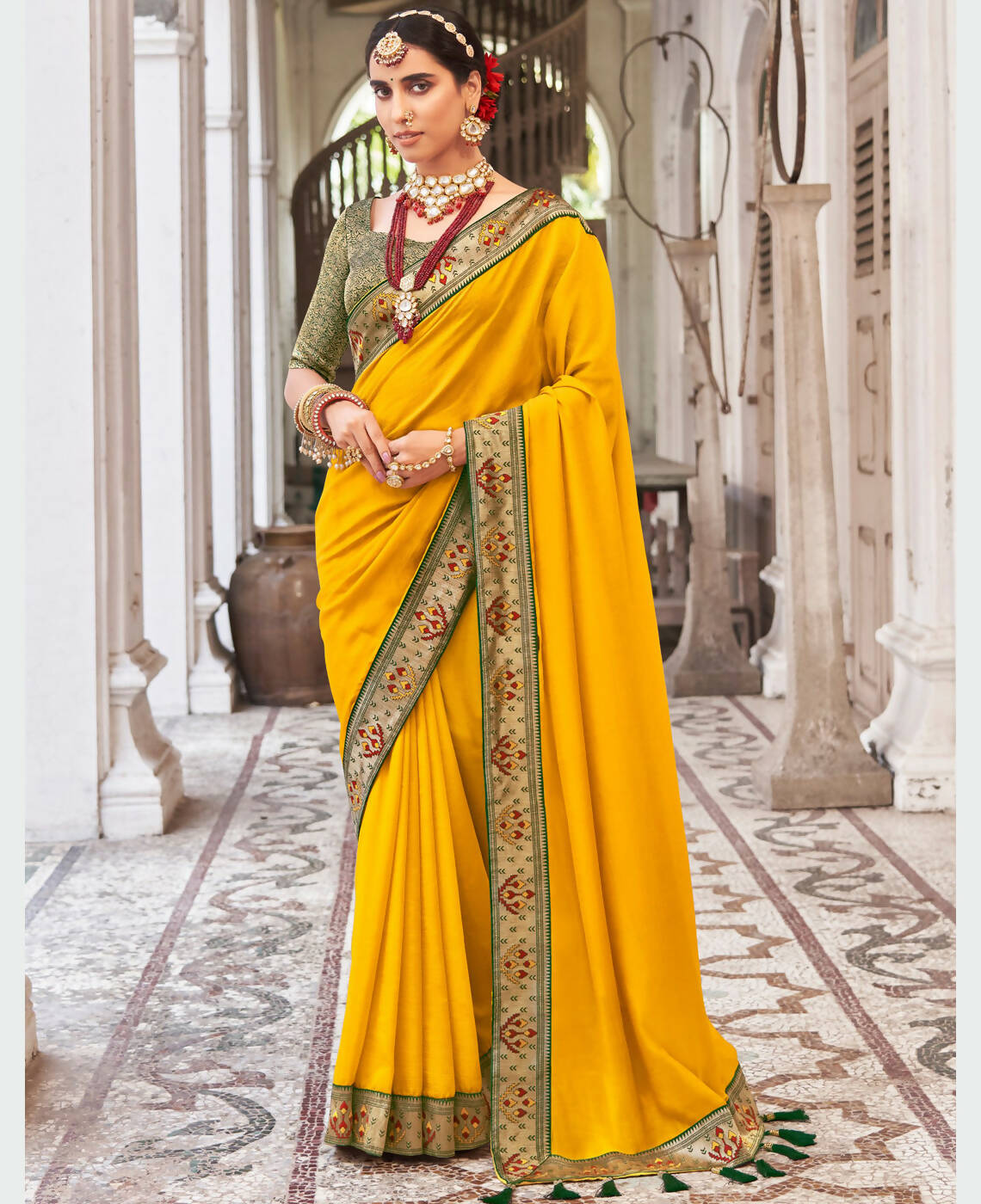 Mustard Vichitra Solid Saree With Unstitched Blouse Piece - Juhi
