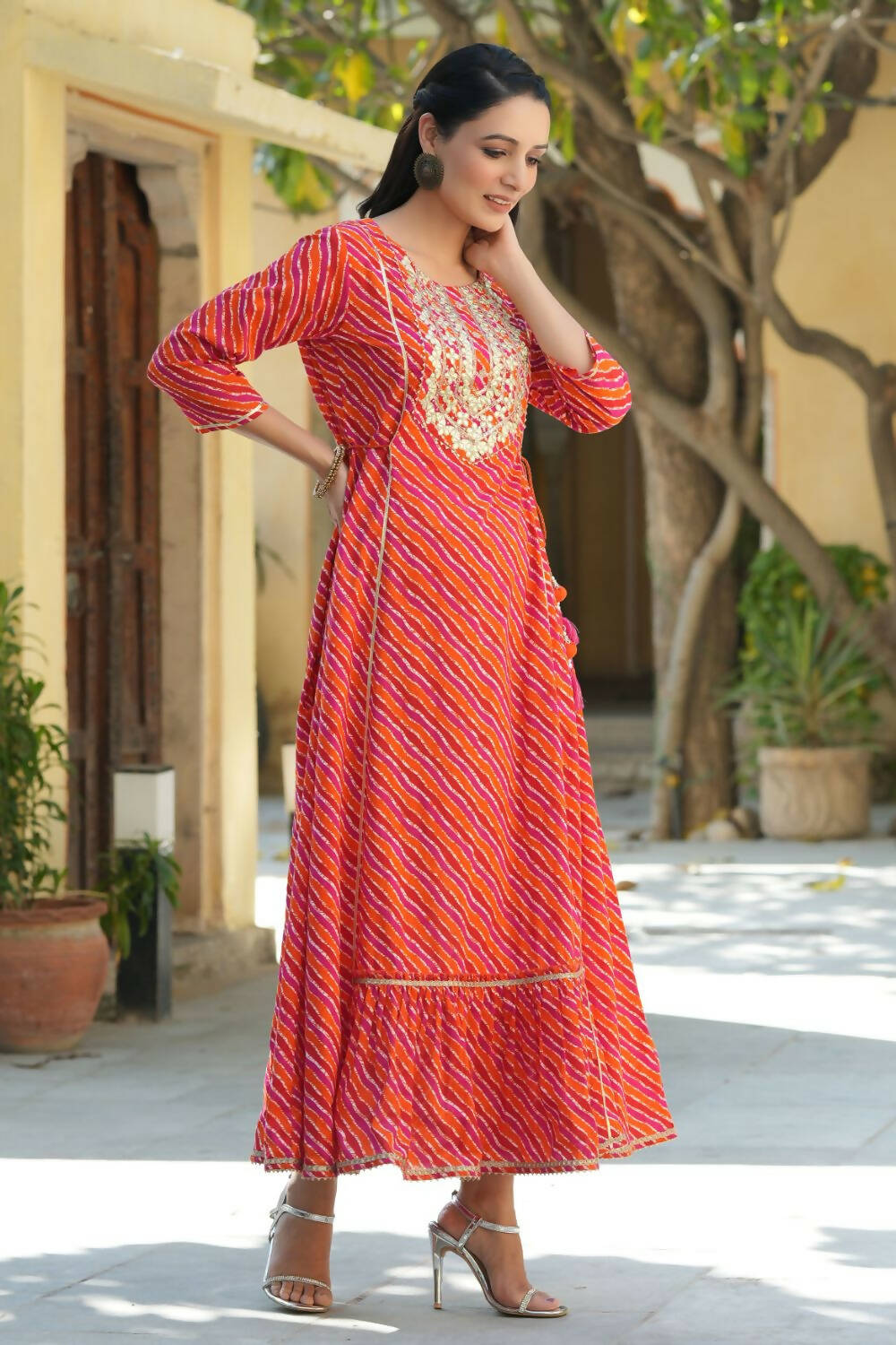 Juniper Women's Multi Cambric Printed Embroidered Flared Dress