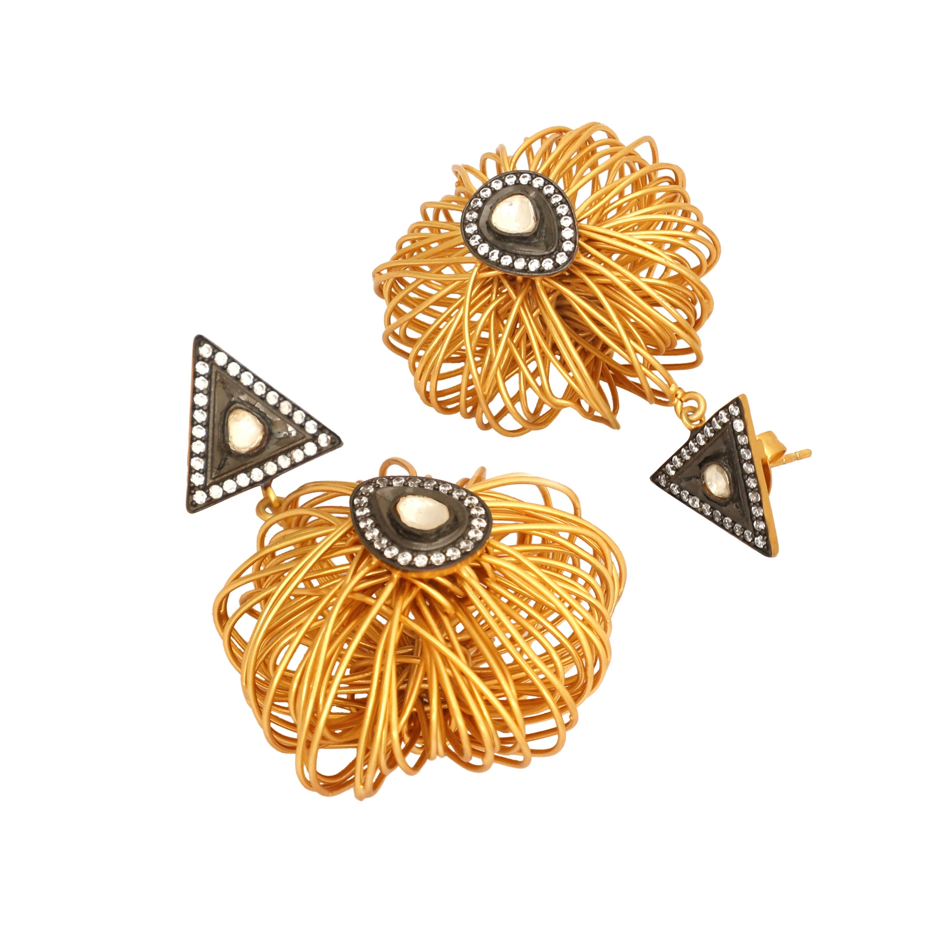 Nuyug 18K Gold-Plated Stones & American Diamond Studded Contemporary Wire Drop Earrings