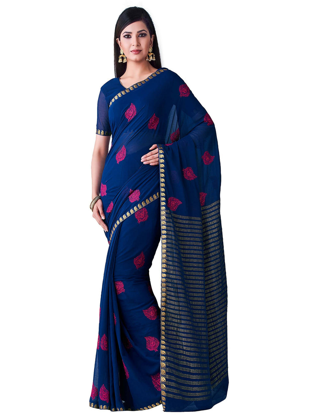Mimosa Women's Navy Blue Banarasi Chiffon Saree