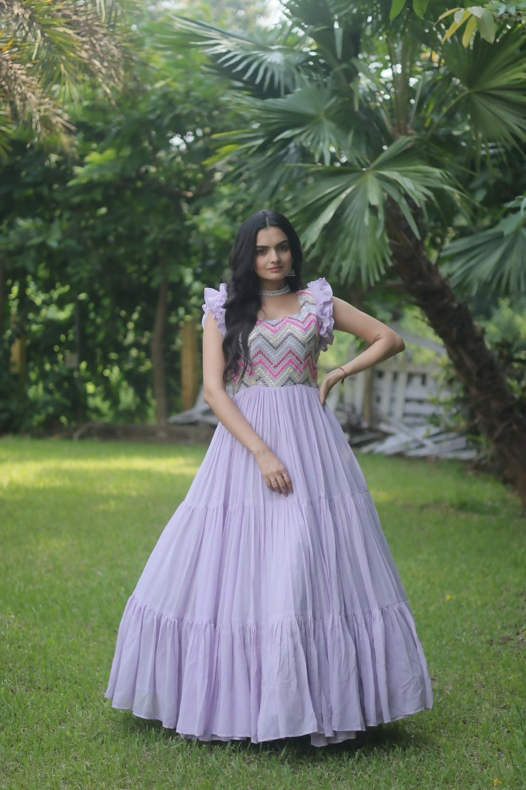 Jyoti Fashion Women's Purple Sequins Thread Embroidery Faux Georgette Anarkali Dress
