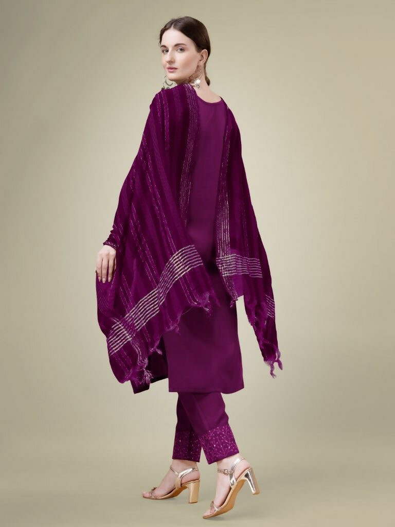 Jyoti Fashion Women's Purple Cotton Blend Embroidery & Sequence work Kurta with Trouser & Dupatta
