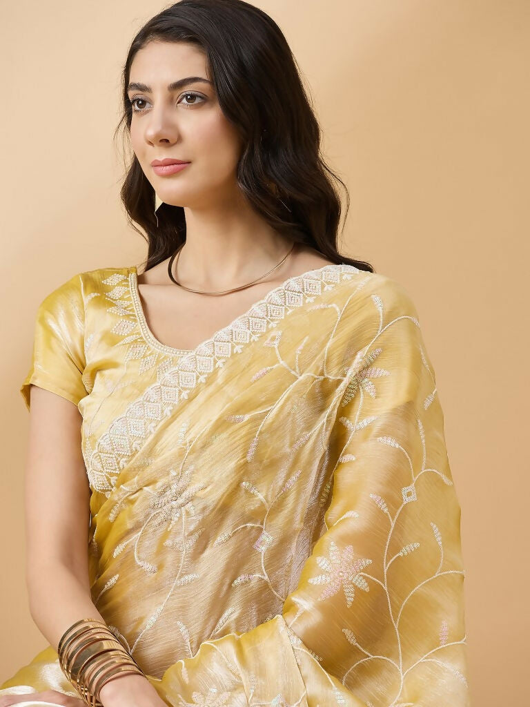 Pink Tissue Slub Embroidered Saree with Unstitched Blouse - Vairagi