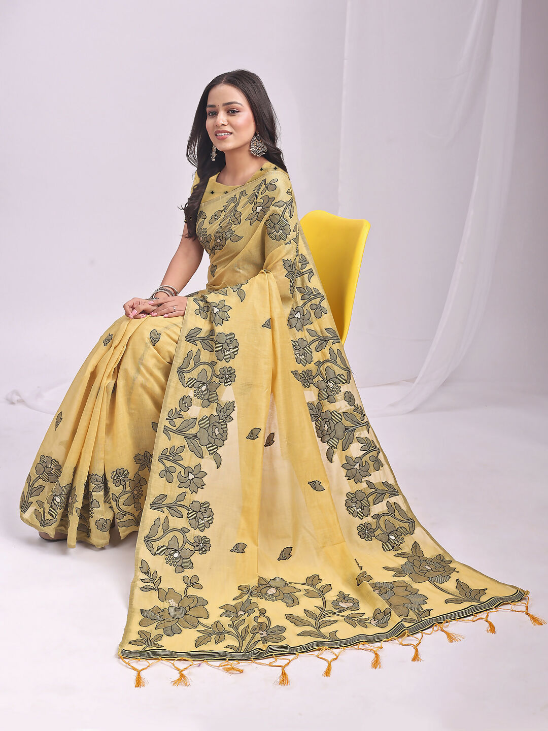 Shree Shyam Fashion Kashira Yellow Linen Cotton Saree