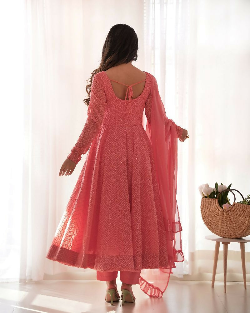 Joban Fashion Peach Kurta Set Georgette Sequence Embroidery Work