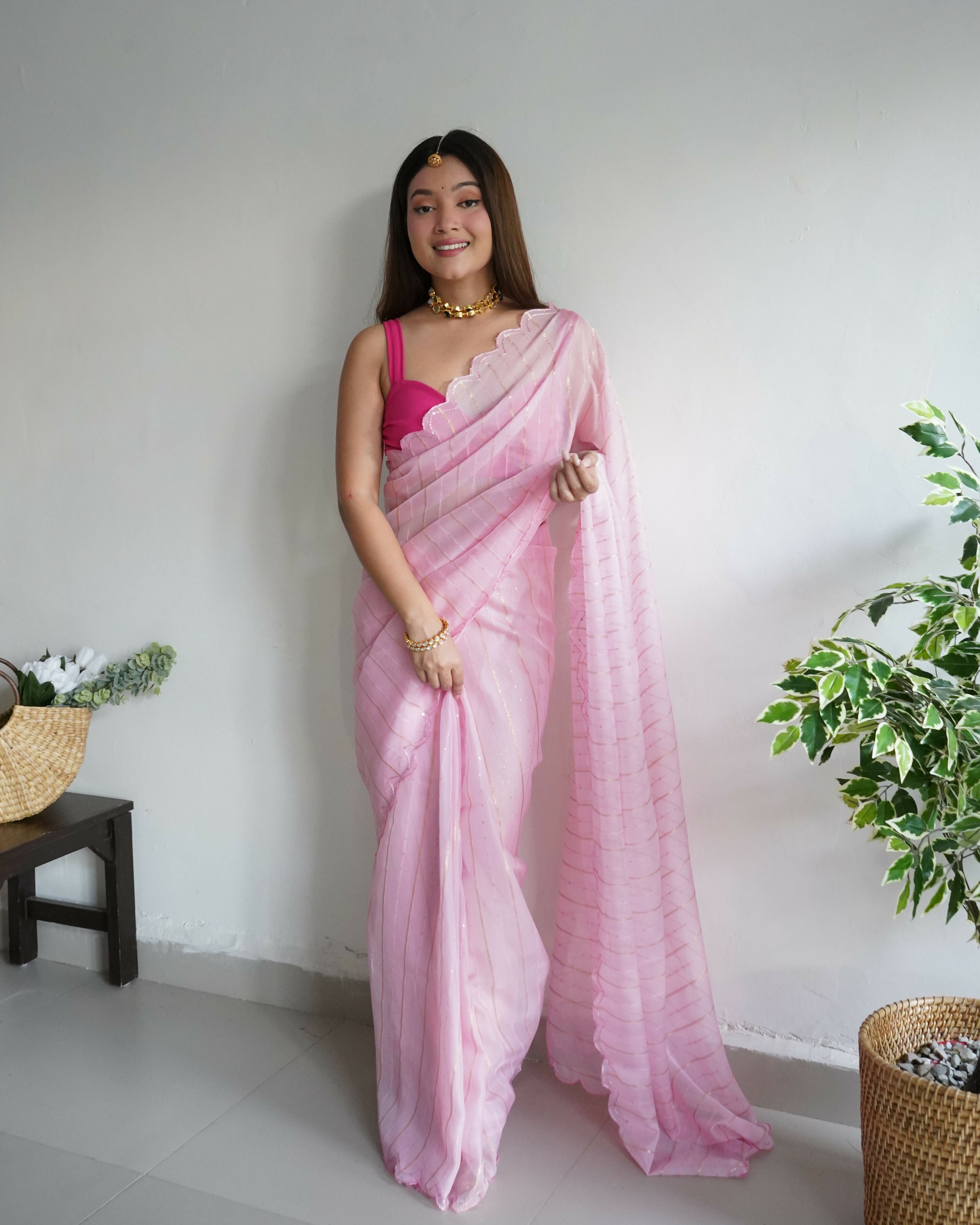 Vamsee Lining Organza Pink Chiffon Saree