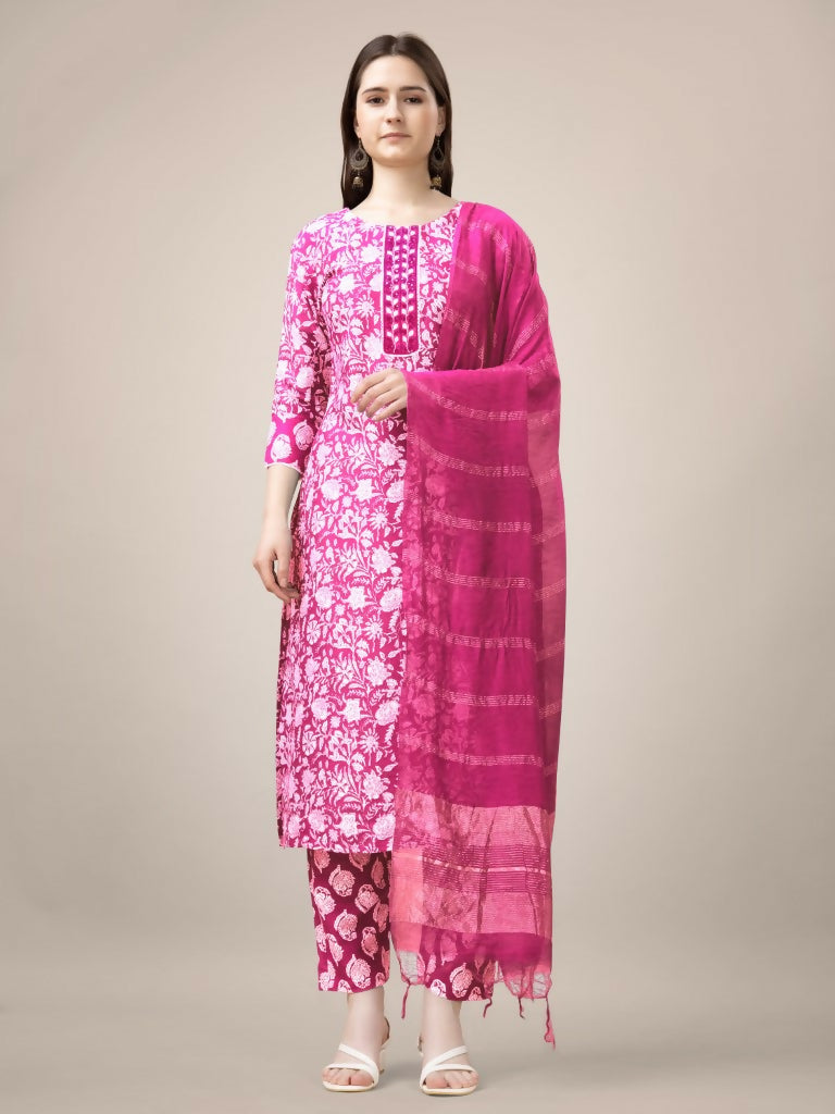 Jyoti Fashion Women's Pink Rayon Print with Embroidery & Fancy Lace Work Kurta with Trouser & Dupatta