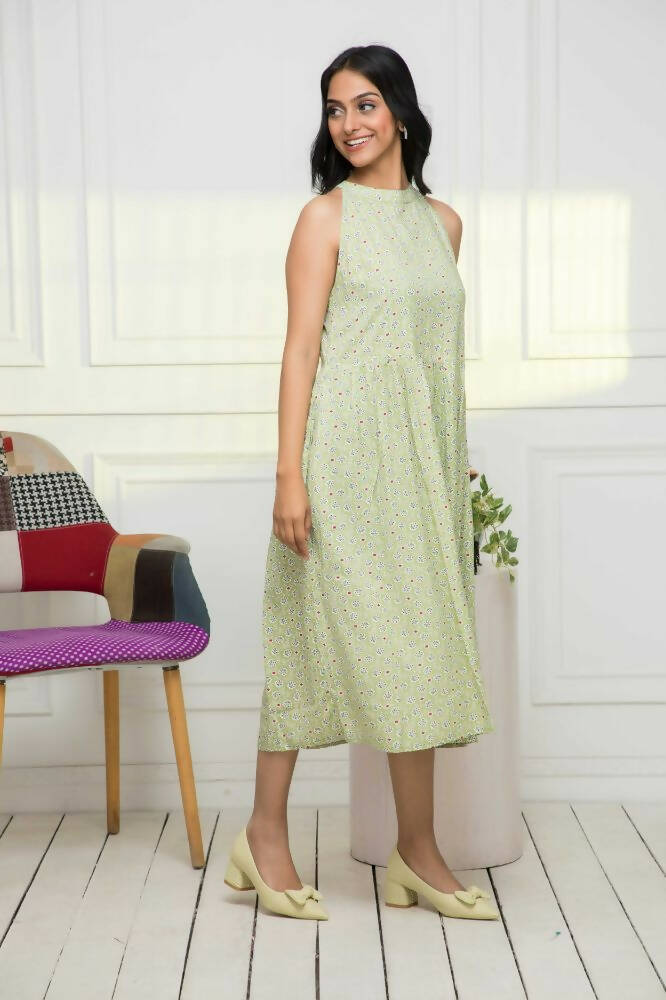 Myshka Women Ethnic Motifs Rayon A-Line Round Neck Green Dress