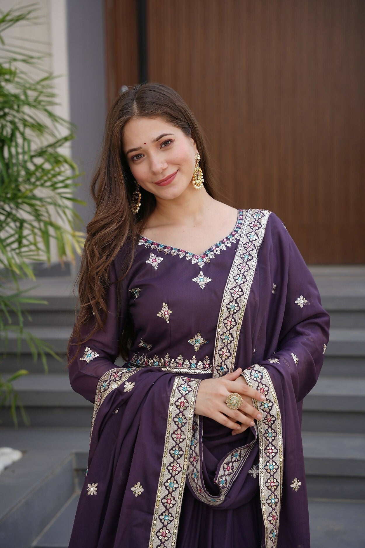 Teeya Creation Violet Color Pure Diamond Silk Wedding Wear Long Gown