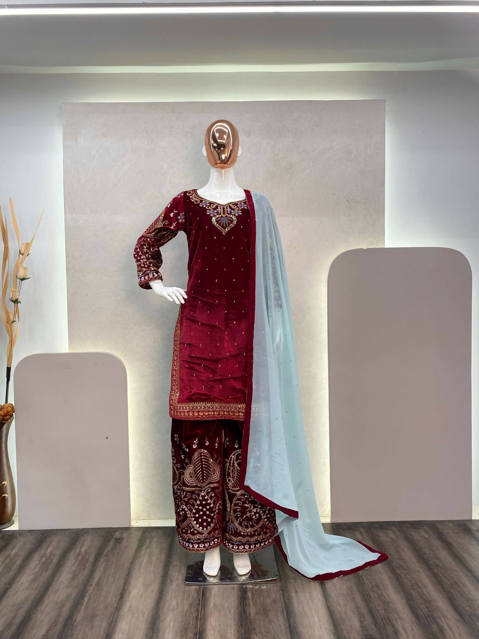 Vastranavya Maroon Viscose Velvet Cording Sequence Embroidery Work Suit With Dupatta