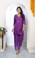 Miravan Women's Purple Solid Rayon Straight Co-Ord Set