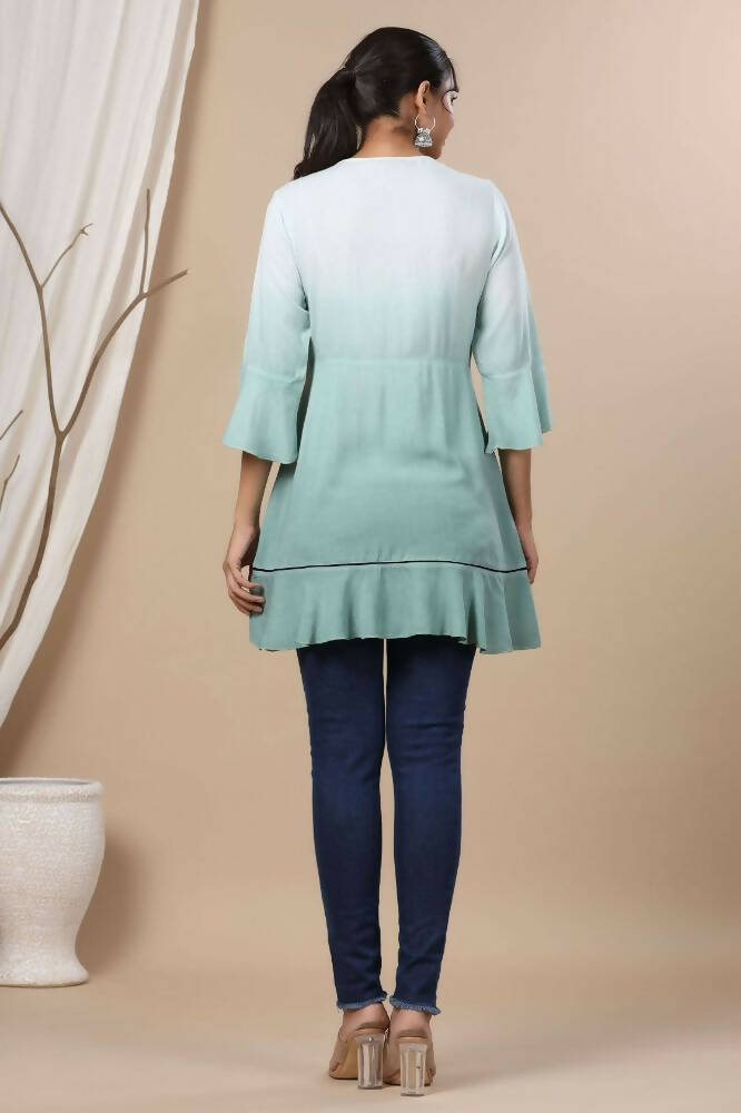 Juniper Sage Green Rayon Festive Embroidered Tiered Tunic For Women