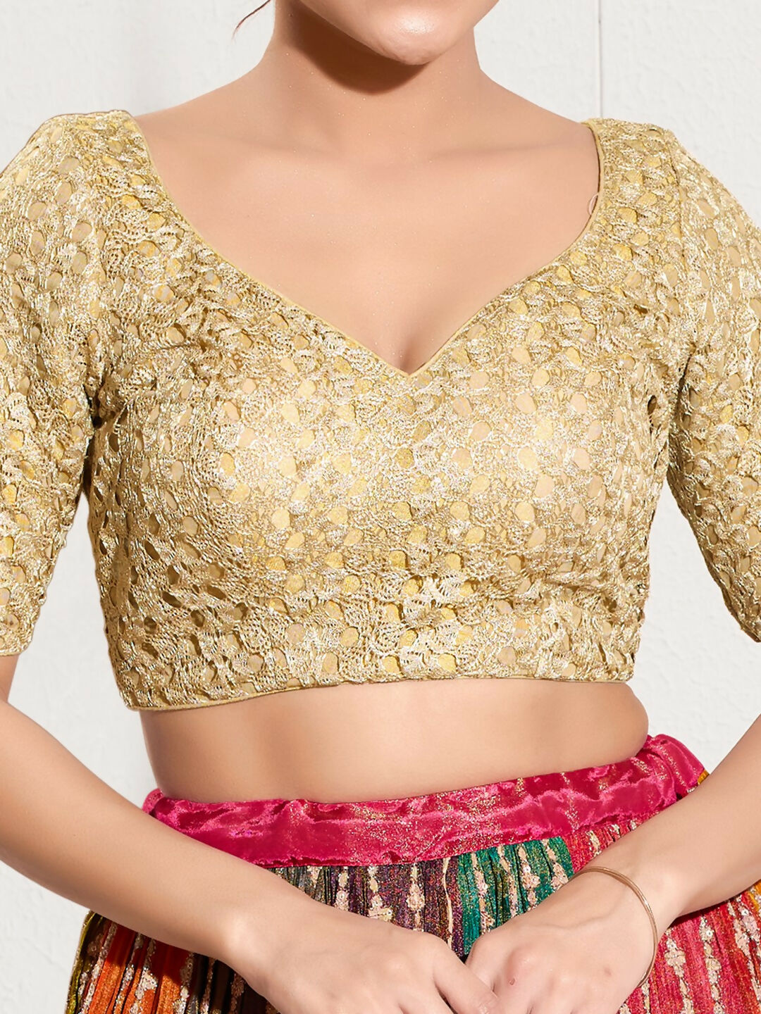 Joban Fashion Gold Crochet Padded Blouse With Sweetheart Neck Elbow Sleeves