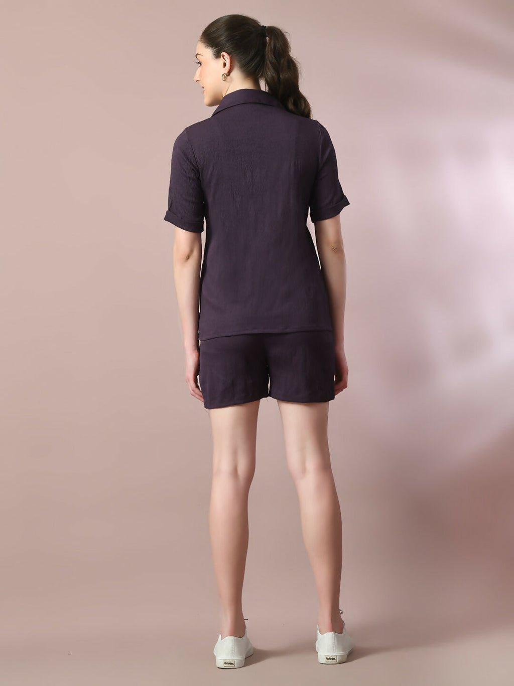 Myshka Women's Violet Solid Shirt Collar Party Shirt With Shorts Co-ord set