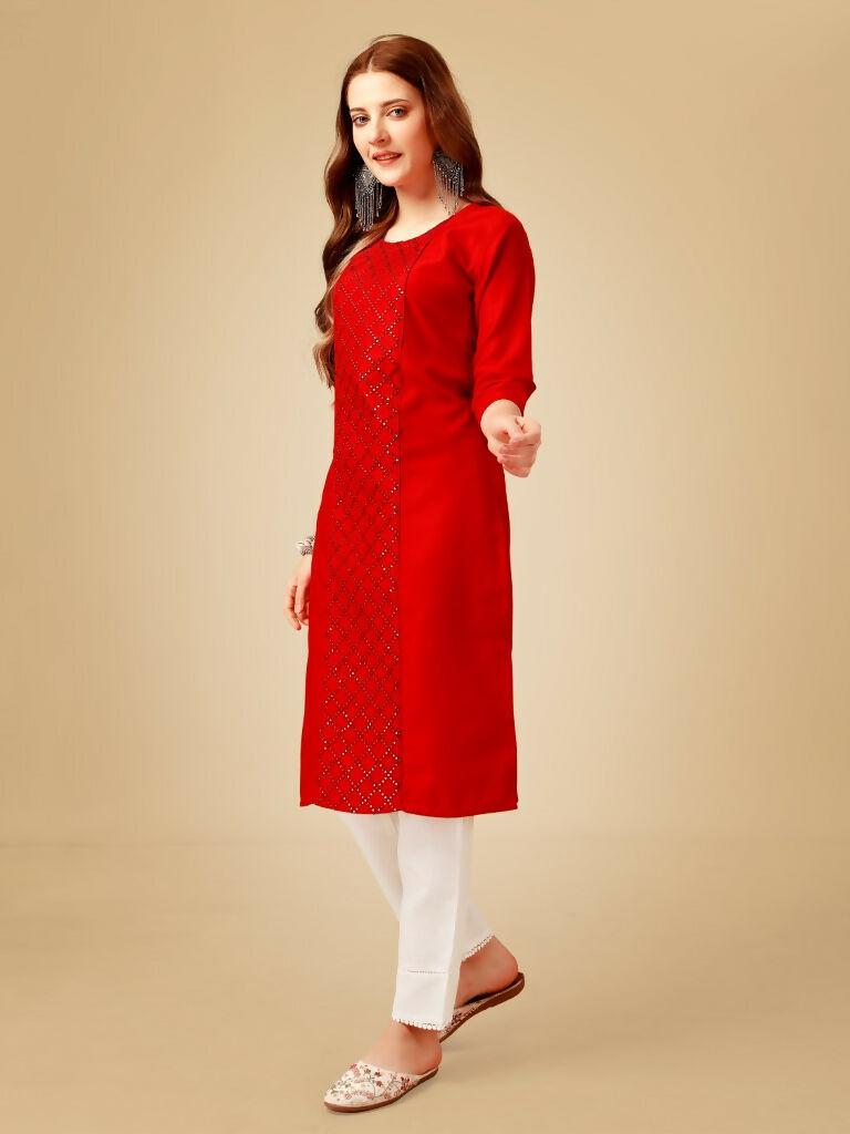 Jyoti Fashion Women's Red Cotton Blend Embroidered Kurta Pant Set