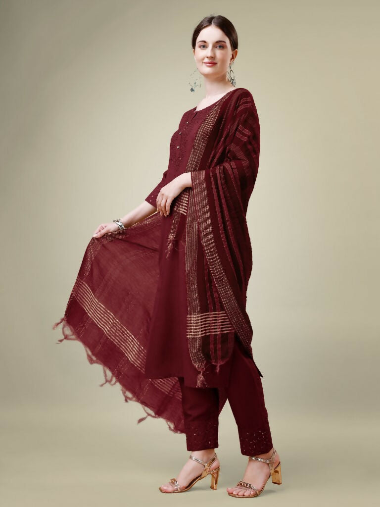 Jyoti Fashion Women's Maroon Cotton Blend Embroidery & Sequence work Kurta with Trouser & Dupatta