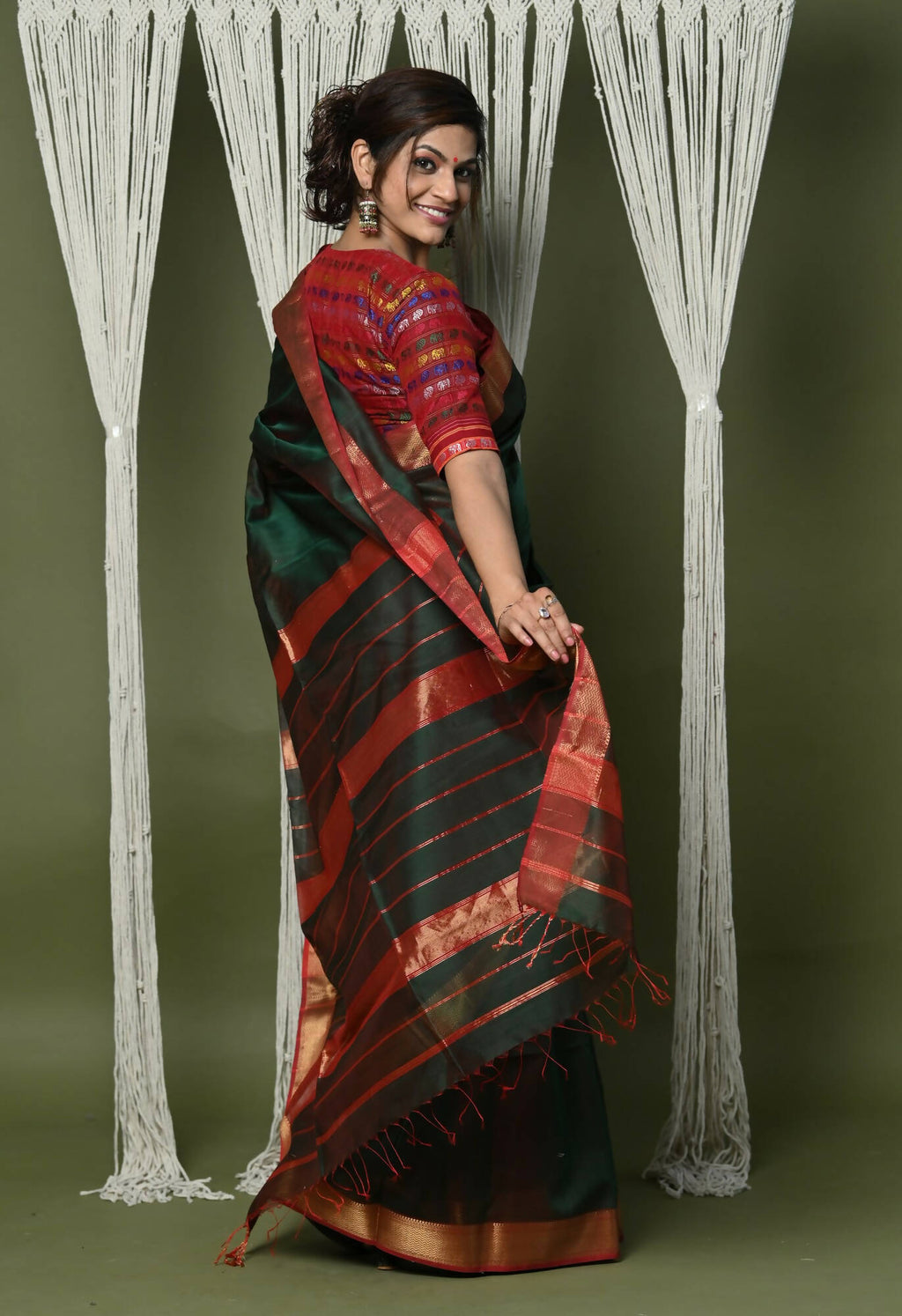 Very Much Indian Handloom Cotton Silk Maheshwari Saree With Sleek Golden Border - Dark Green