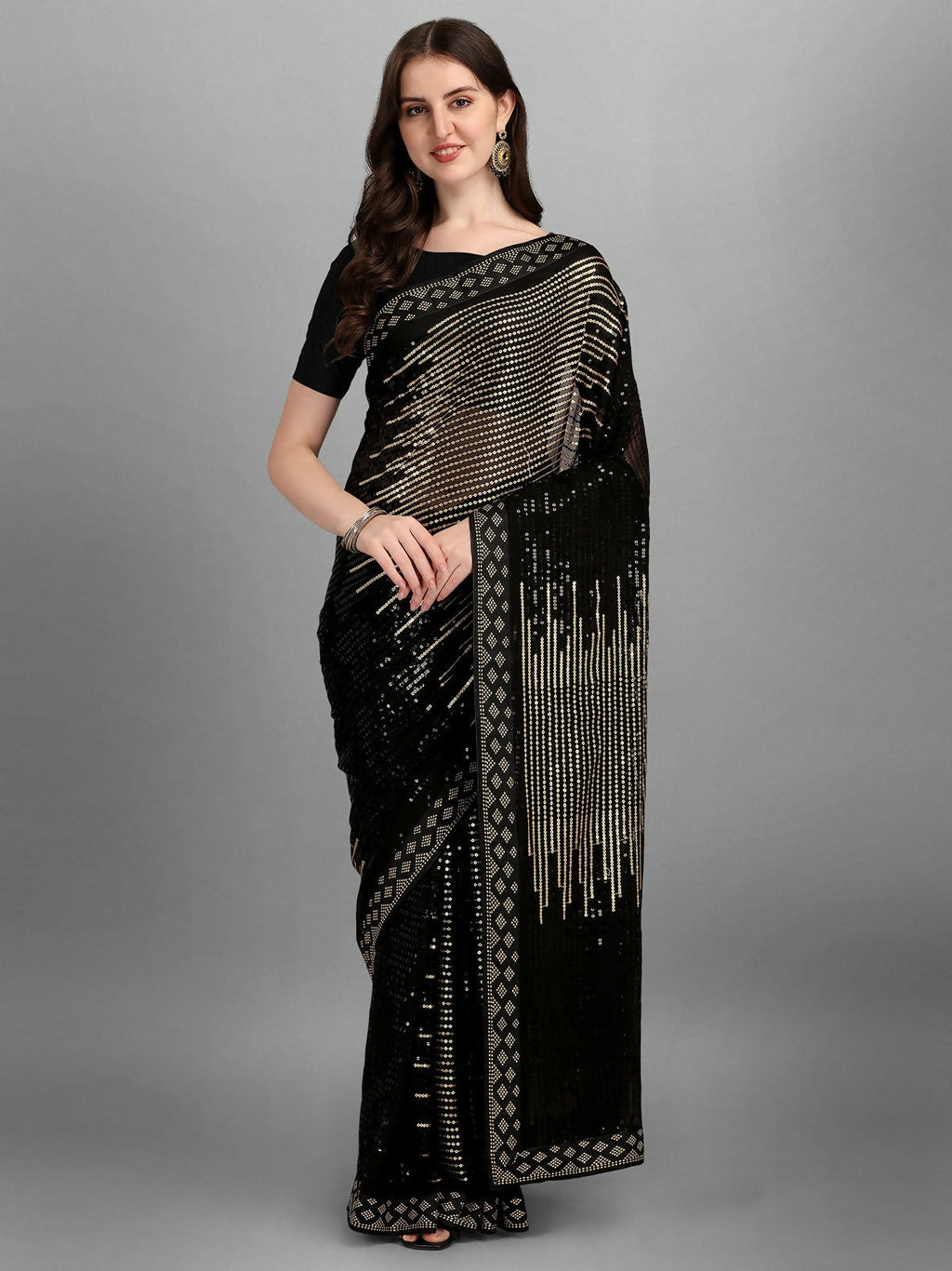 Vegaa Fashion Black Georgette Embroidered Party Wear Saree