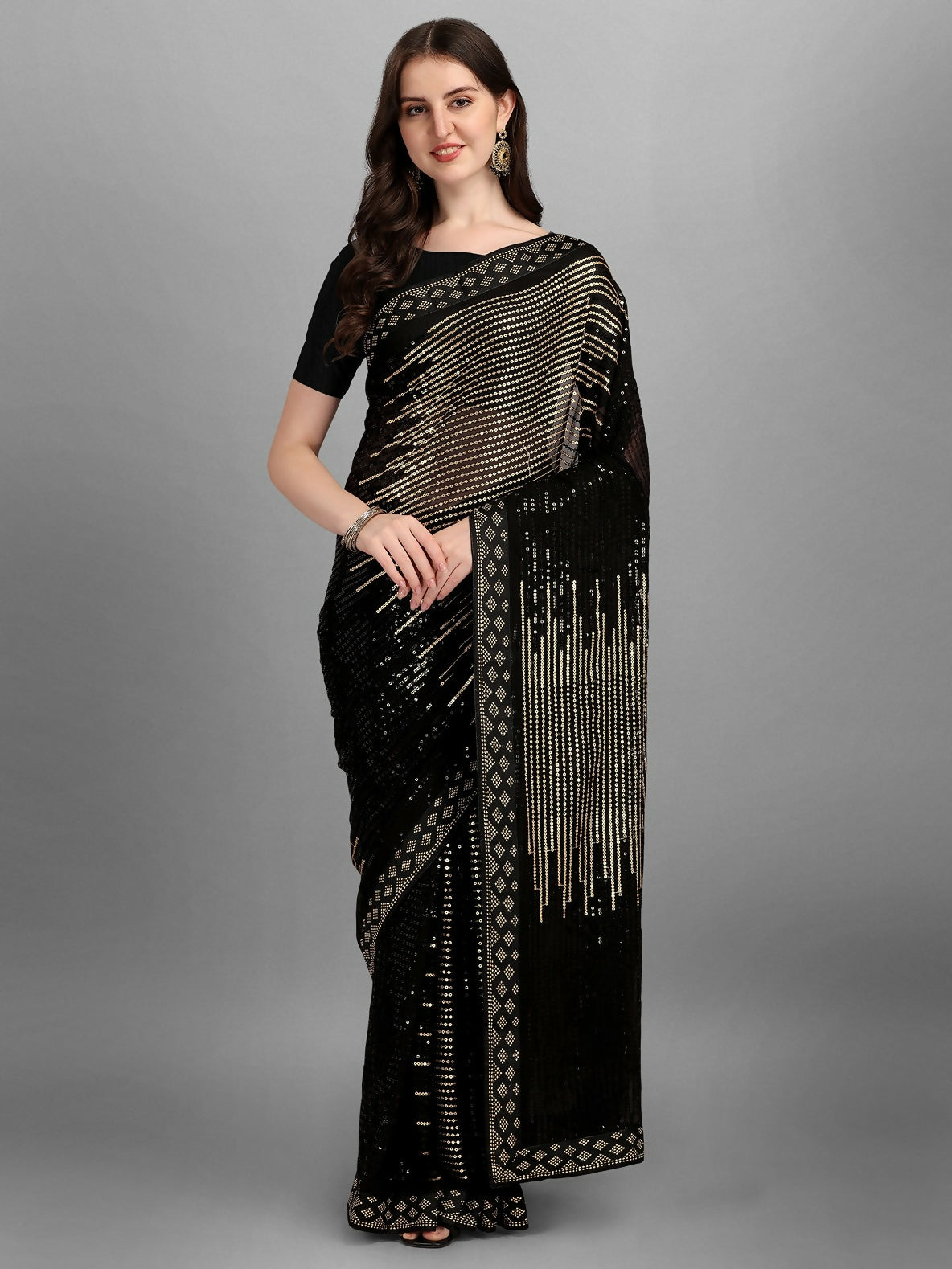 Vegaa Fashion Black Georgette Embroidered Party Wear Saree