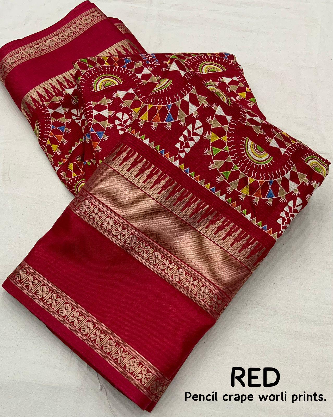 Red Cotton Blend Ethnic Motifs Saree with Unstitched Blouse - Hiral Fashion