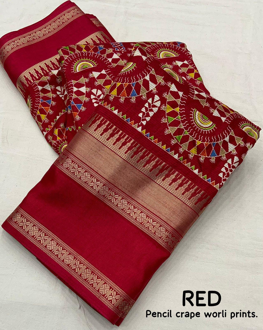 Red Cotton Blend Ethnic Motifs Saree with Unstitched Blouse - A2M