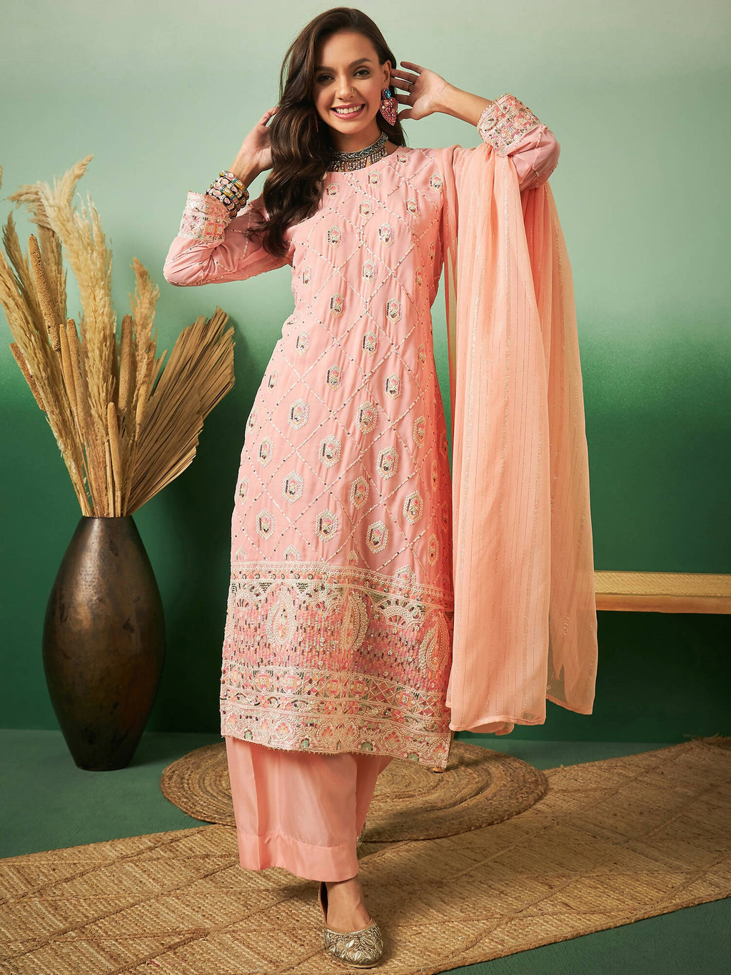 Peach Georgette Handwork Unstitched Dress Material - Hanika