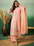 Peach Georgette Handwork Unstitched Dress Material - Hanika