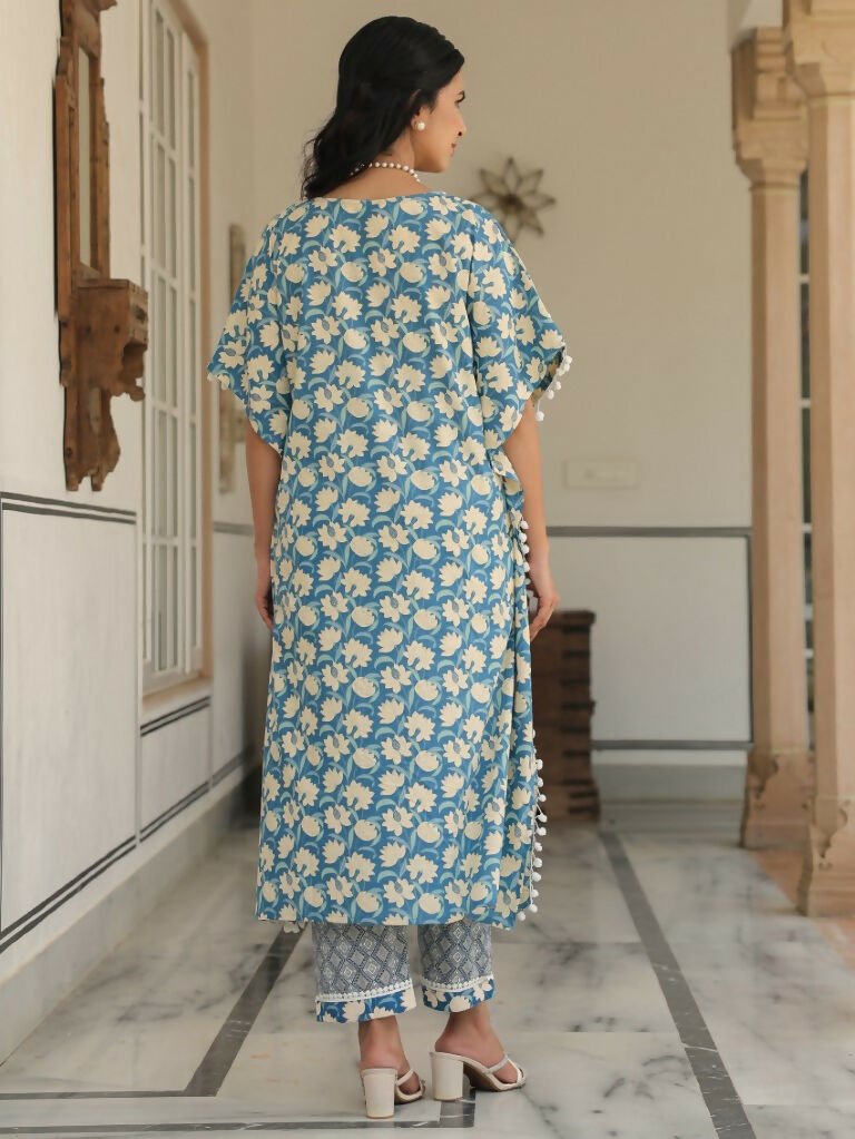 Aramya Kaftan Soft Cotton Floral Print Women's Kurta Set - Blue