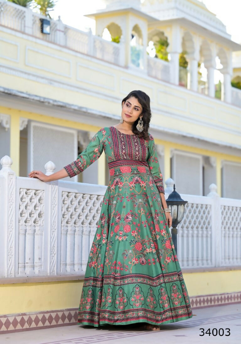 Partywear Designer parrot Dola Silk Anarkali suit with Dupatta - Suzen