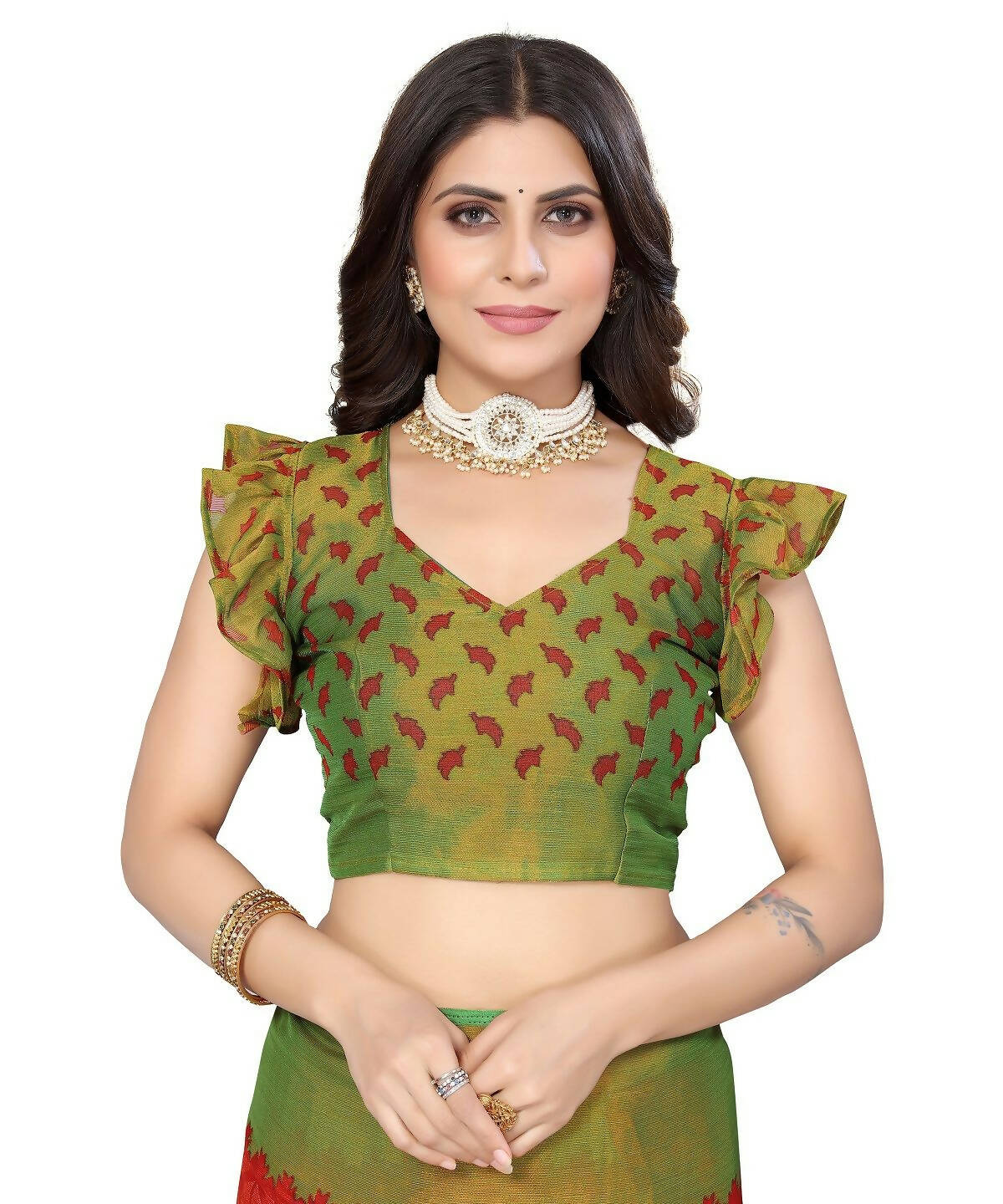Vamika Red Chiffon Brasso Bollywood Style Woven Saree (ALIZA RED)