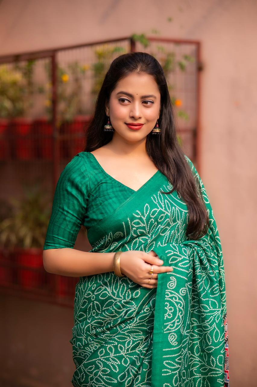 Green Silk Blend Ajrak Saree with Unstitched Blouse - A2M