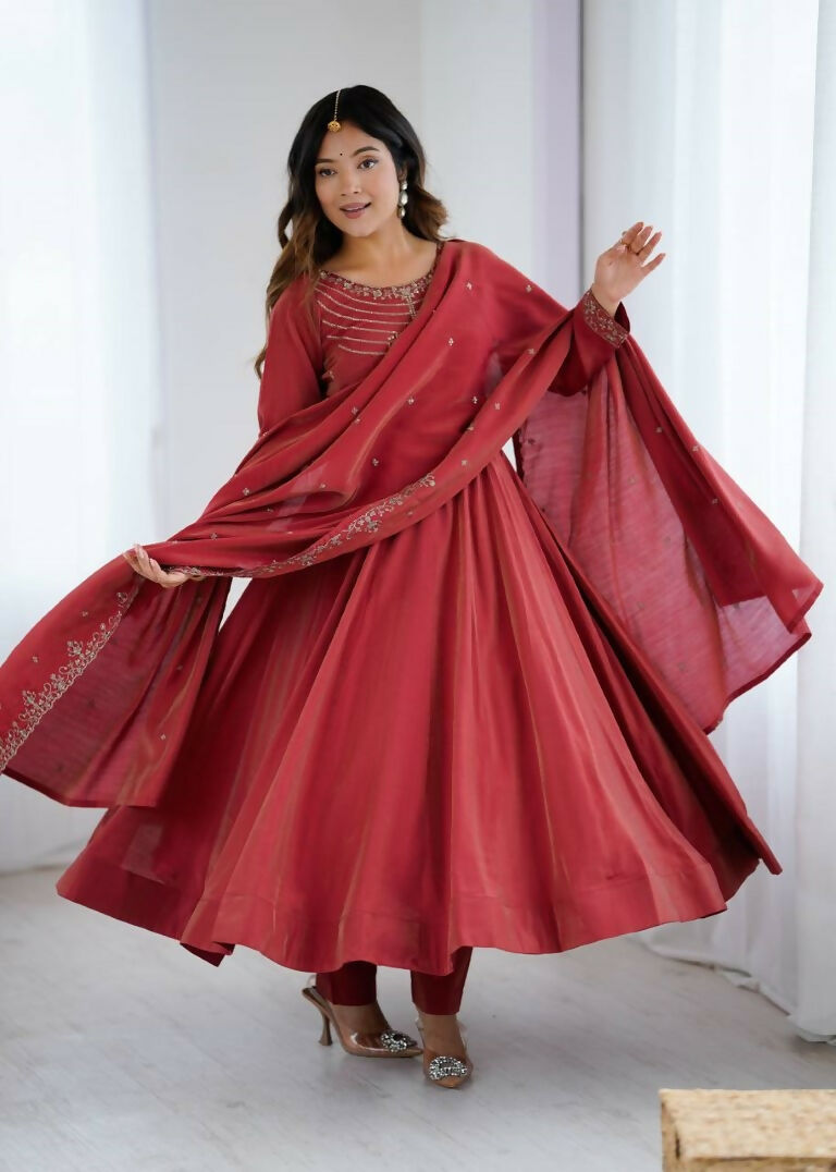 Teeya Creation Brown Color Pure Roman Silk Party Wear Designer Gown