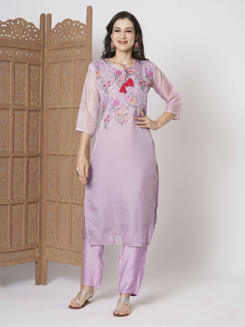 Purple Taby Silk Embroidery Work, Printed Kurta Set - Riya