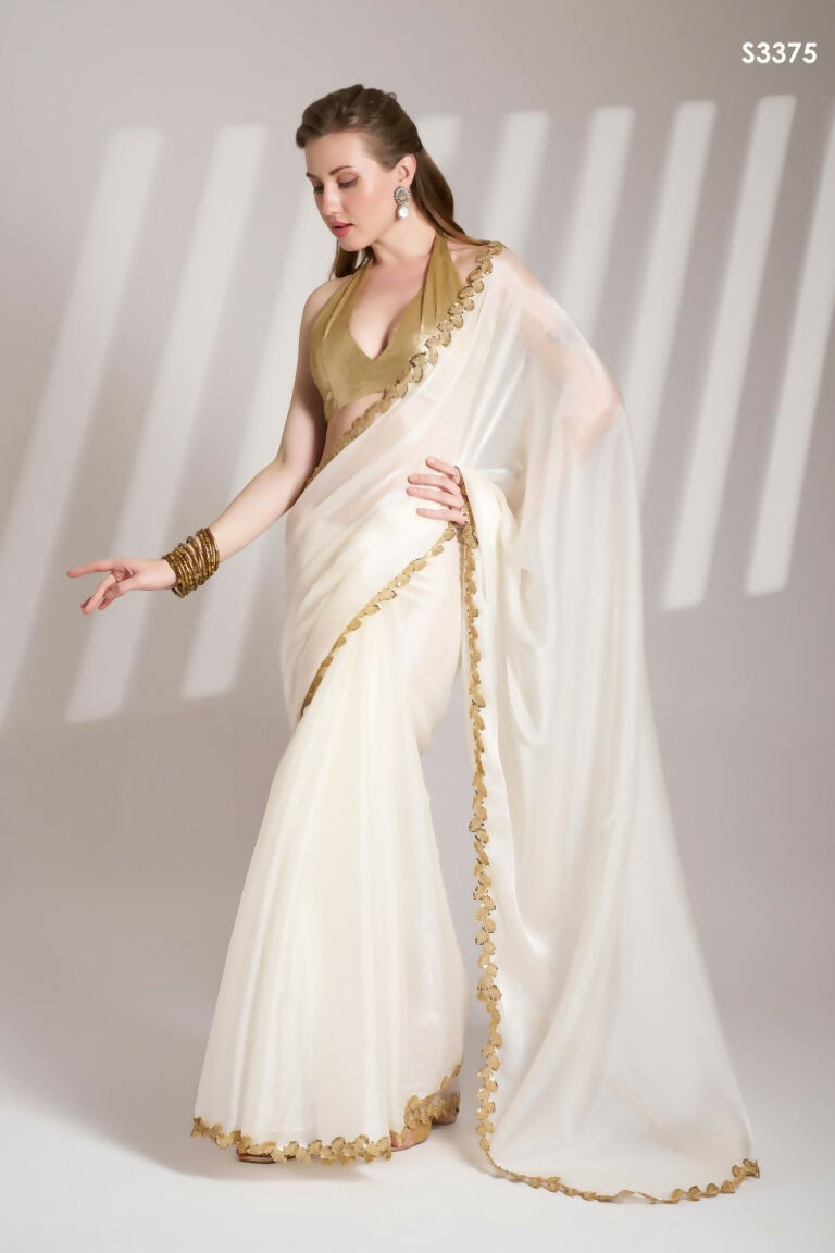 White Burberry Organza Solid Fancy Designer Saree - Nafisa