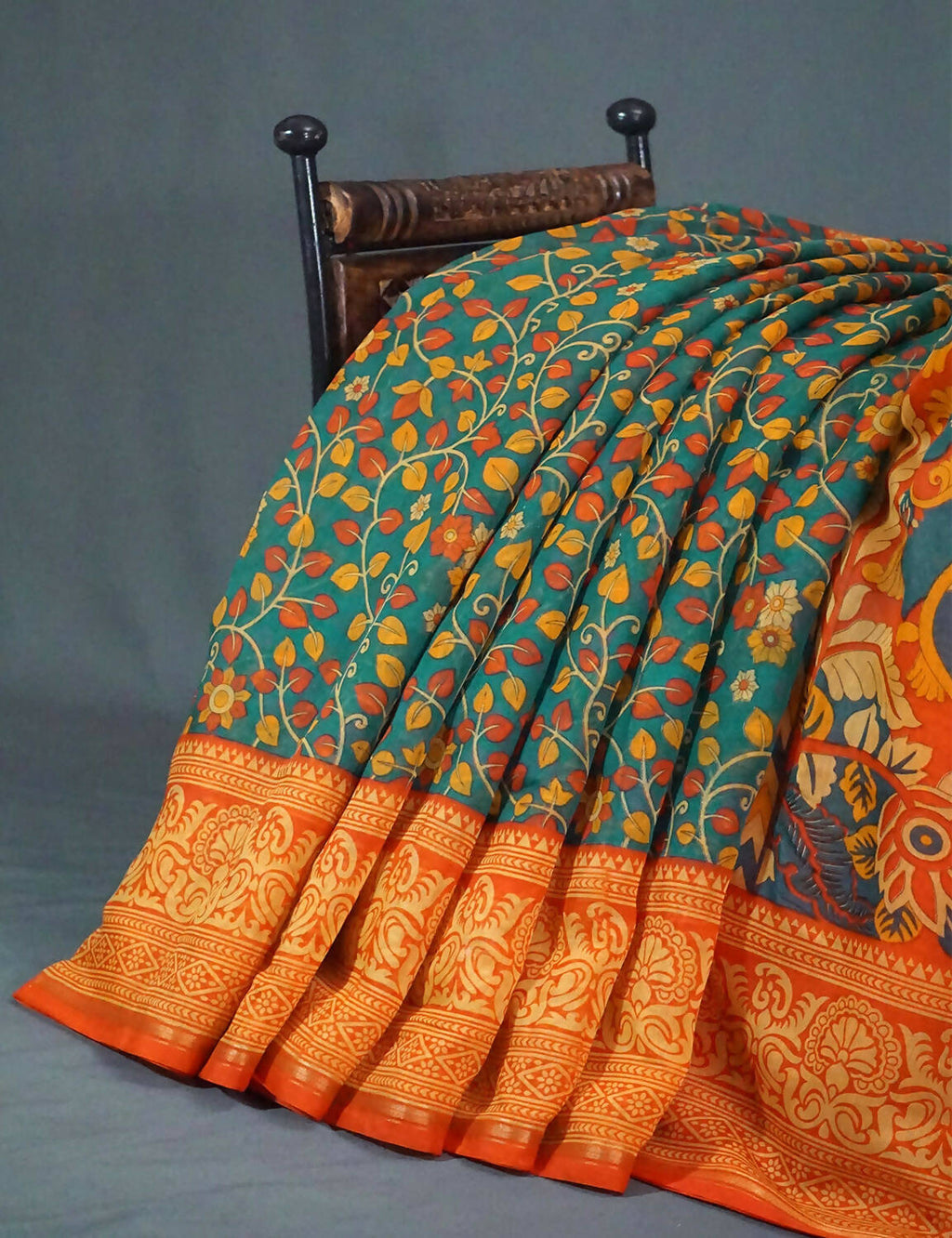 Shades Of Rama Green Kalamkaari Design Semi Chanderi Saree With Contrast Blouse By Gayathri Reddy Designer Studio