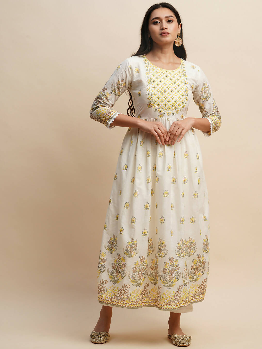 White And Yellow Pure Cotton Floral Printed Anarkali Kurta And Bottom With Dupatta - Akashara