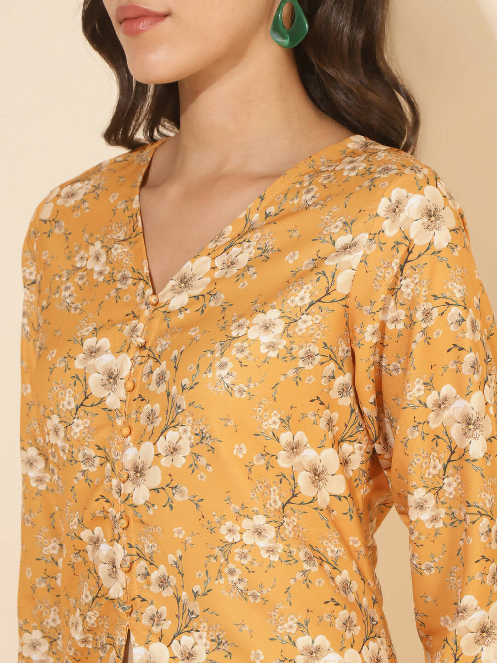 Janasya Women's Mustard Moss Floral Printed Casual Front Slit Co-ords