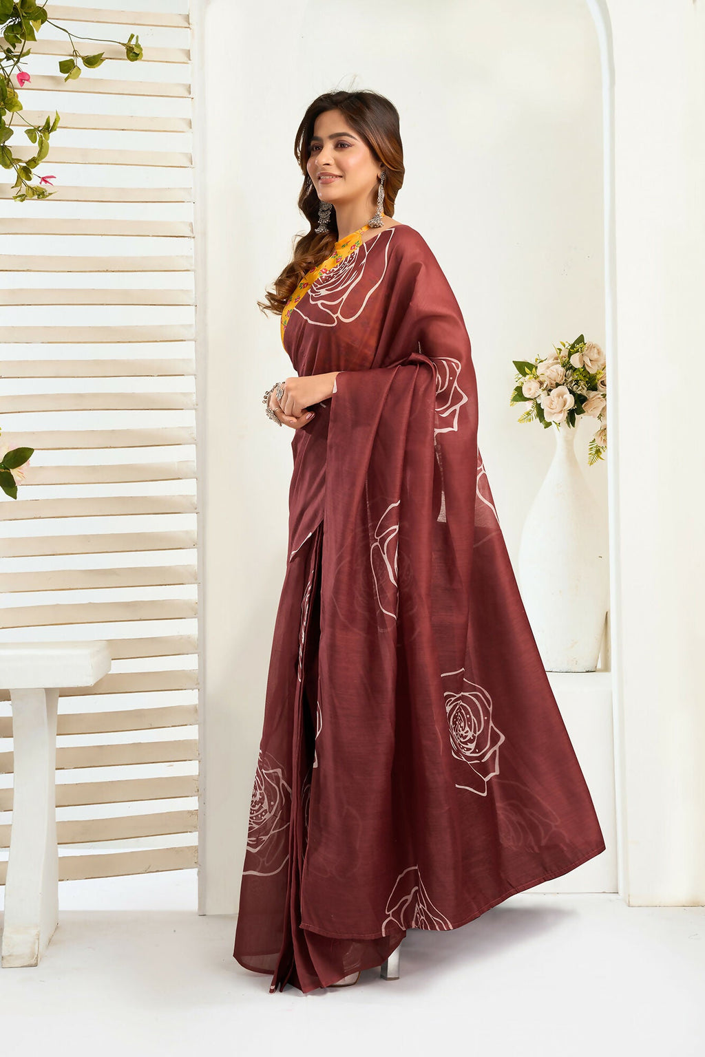 Vastranavya Dark Brown Digital Printed Linen Ready To Wear Designer Saree with Unstitched Blouse