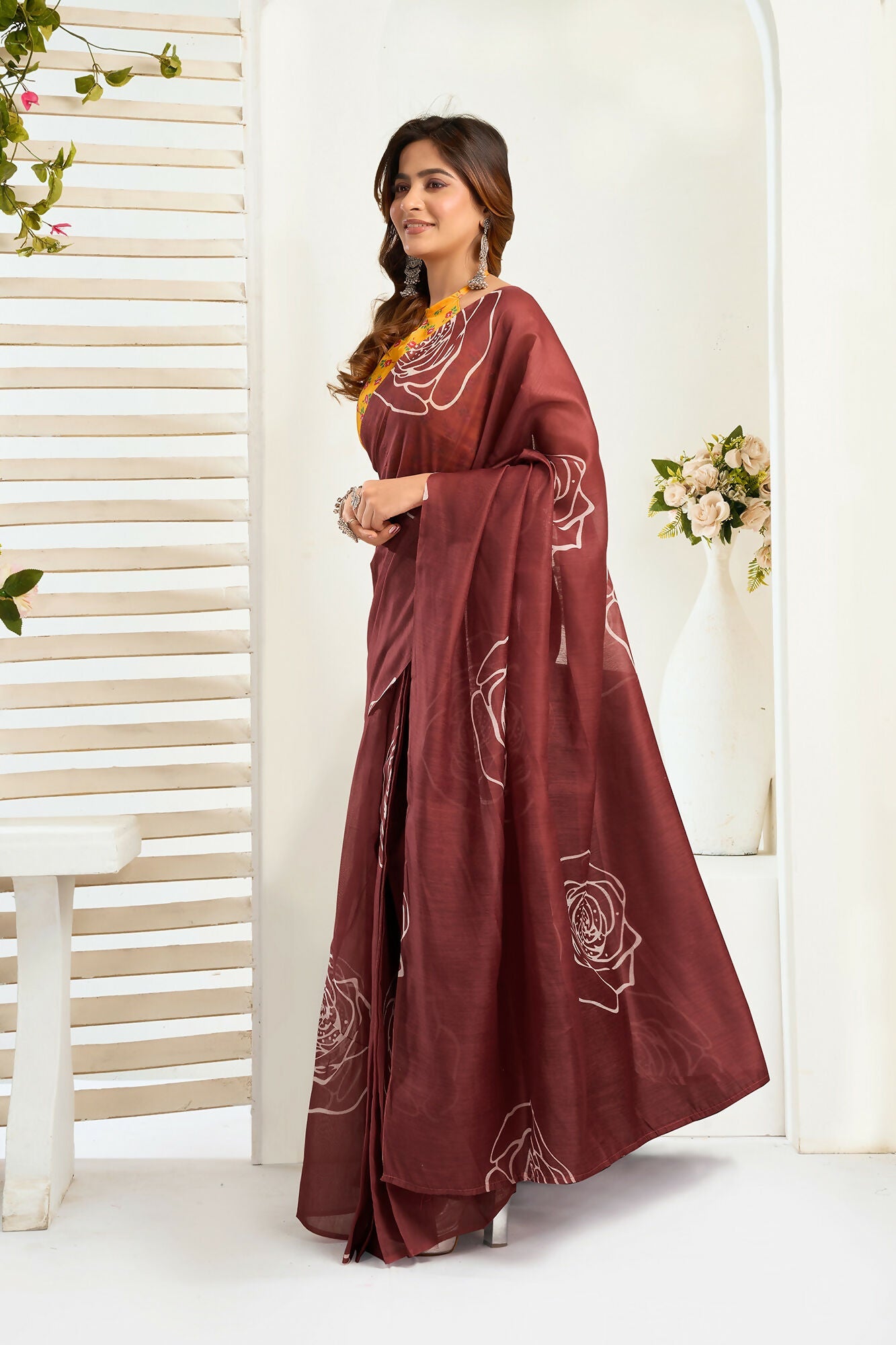 Vastranavya Dark Brown Digital Printed Linen Ready To Wear Designer Saree with Unstitched Blouse
