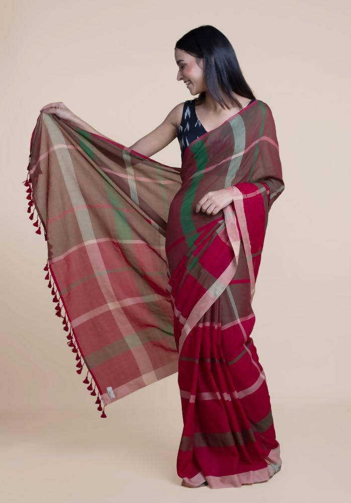 Suta Women Maroon Green Pure Handloom Cotton Saree