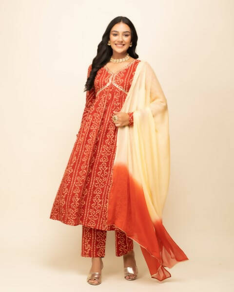 FIORRA Women's Red Cotton A-Line Kurta Pant With Dupatta