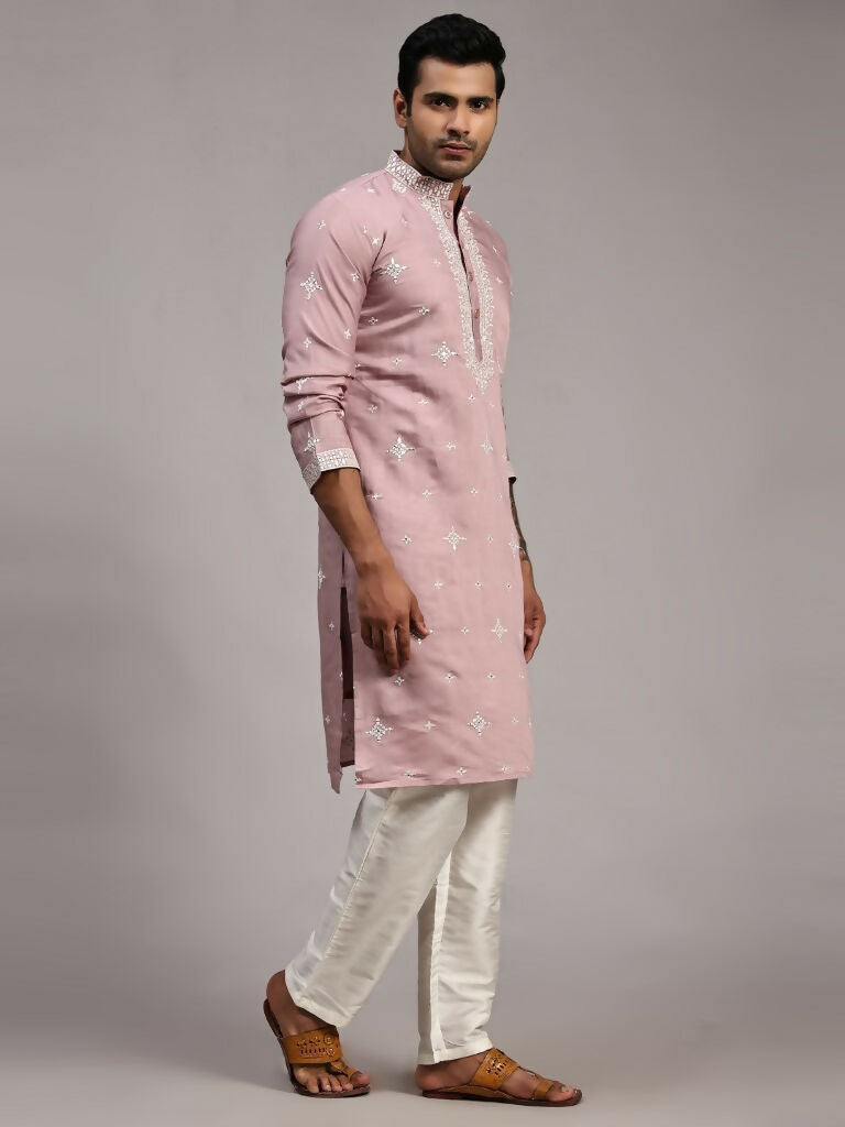 Pink Silk Designer Embroidery Work Men's Rajwadi Kurta Set - Mahotsav