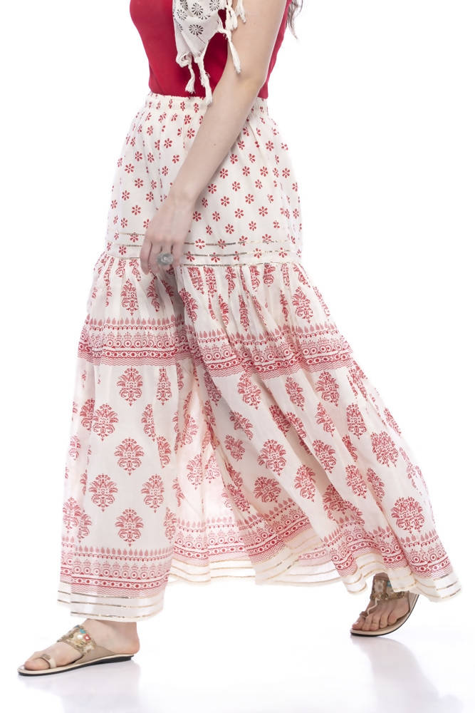 Mominos Fashion Cotton Block Print With Lace Work Off White Red Color Prints Palazzo