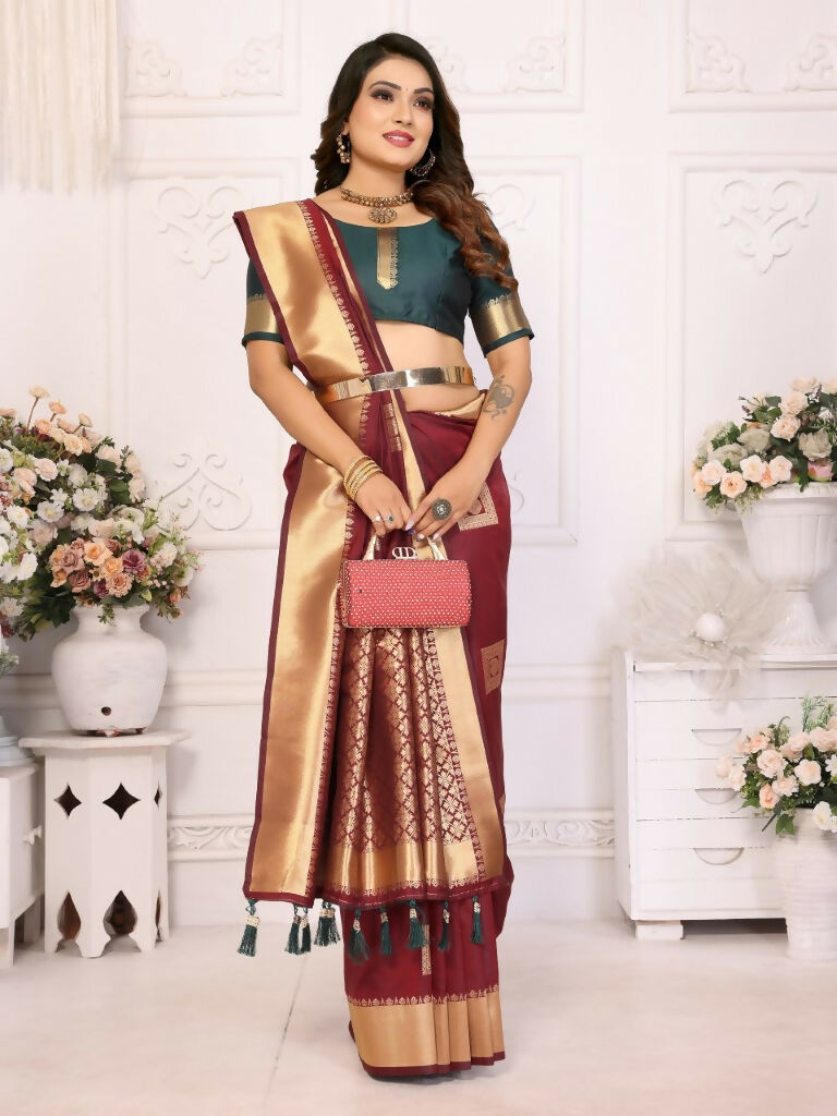 Anaita Brown Soft Silk With Zari Weaving Borders Saree With Blouse