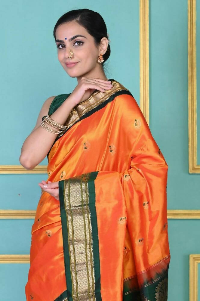 Very Much Indian Authentic Pure Silk Handloom Orange Maharani Paithani